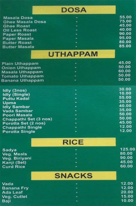 Ambiswamys Vegetarian Restaurant menu