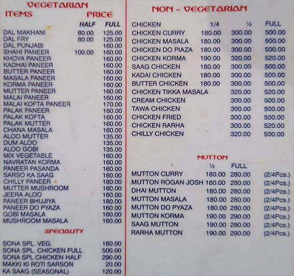 Menu at Sona Restaurant, New Delhi, 5/ 2