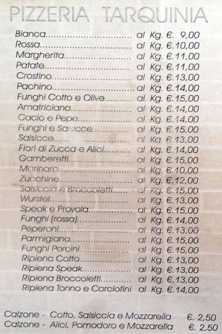 Menu di Pizza Tarquinia 
