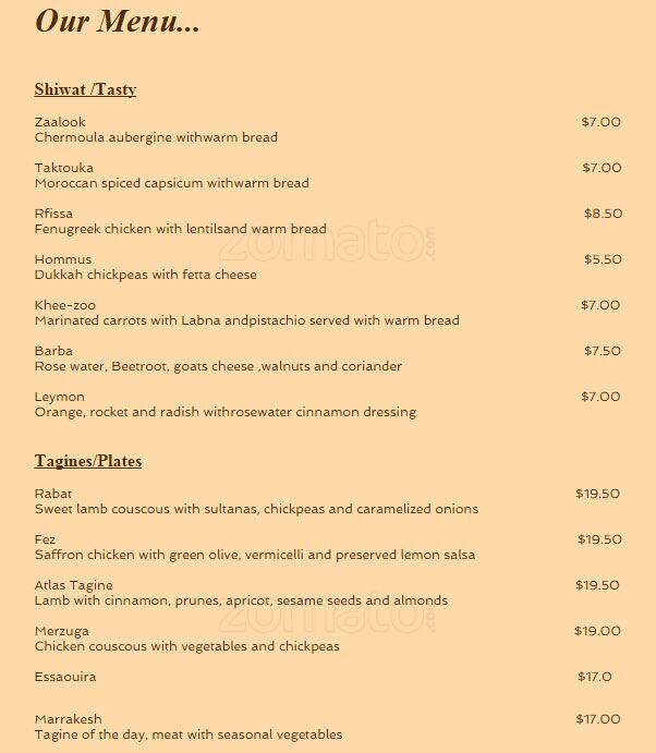 Moroccan Tagine Menu, Menu for Moroccan Tagine, Preston, Melbourne