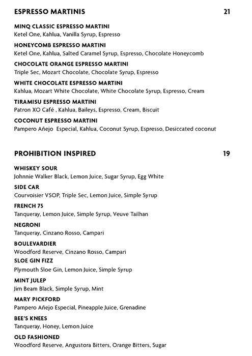 Carta de Minq Bar & Lounge