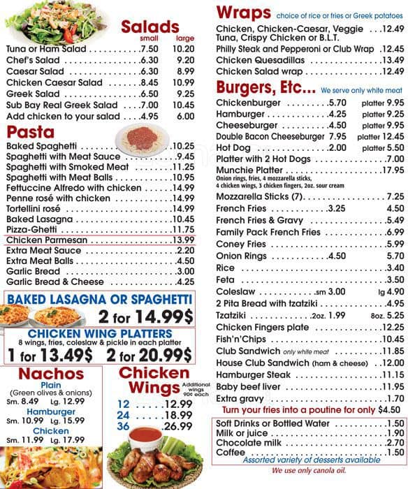 Sub Bay menu