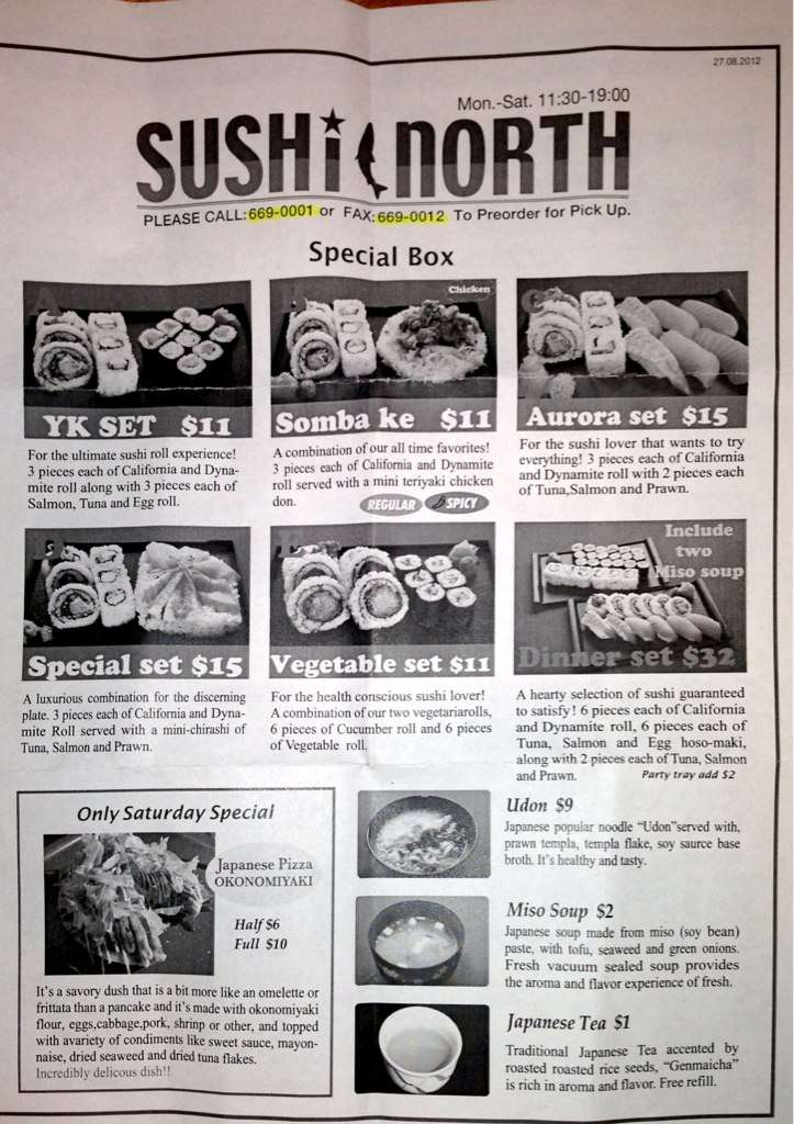 Sushi North Menu, Menu for Sushi North, Yellowknife, Yellowknife