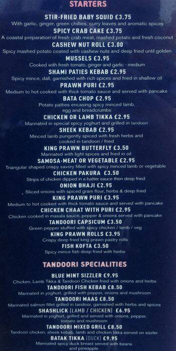 Blue Mint menu