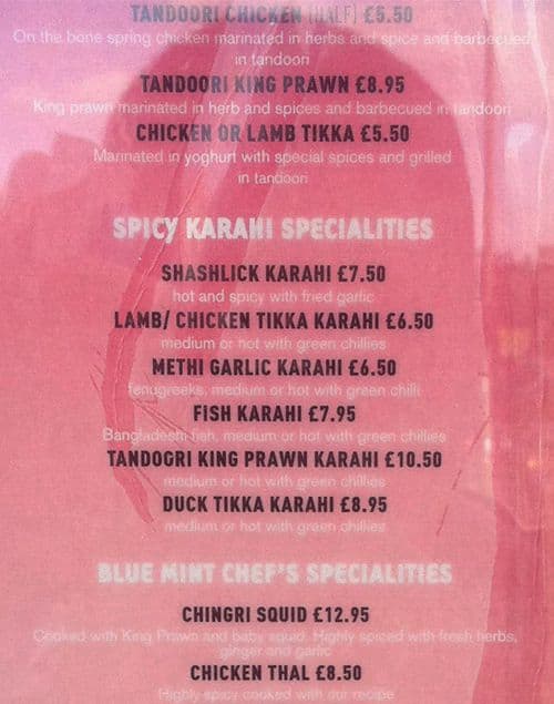 Blue Mint menu