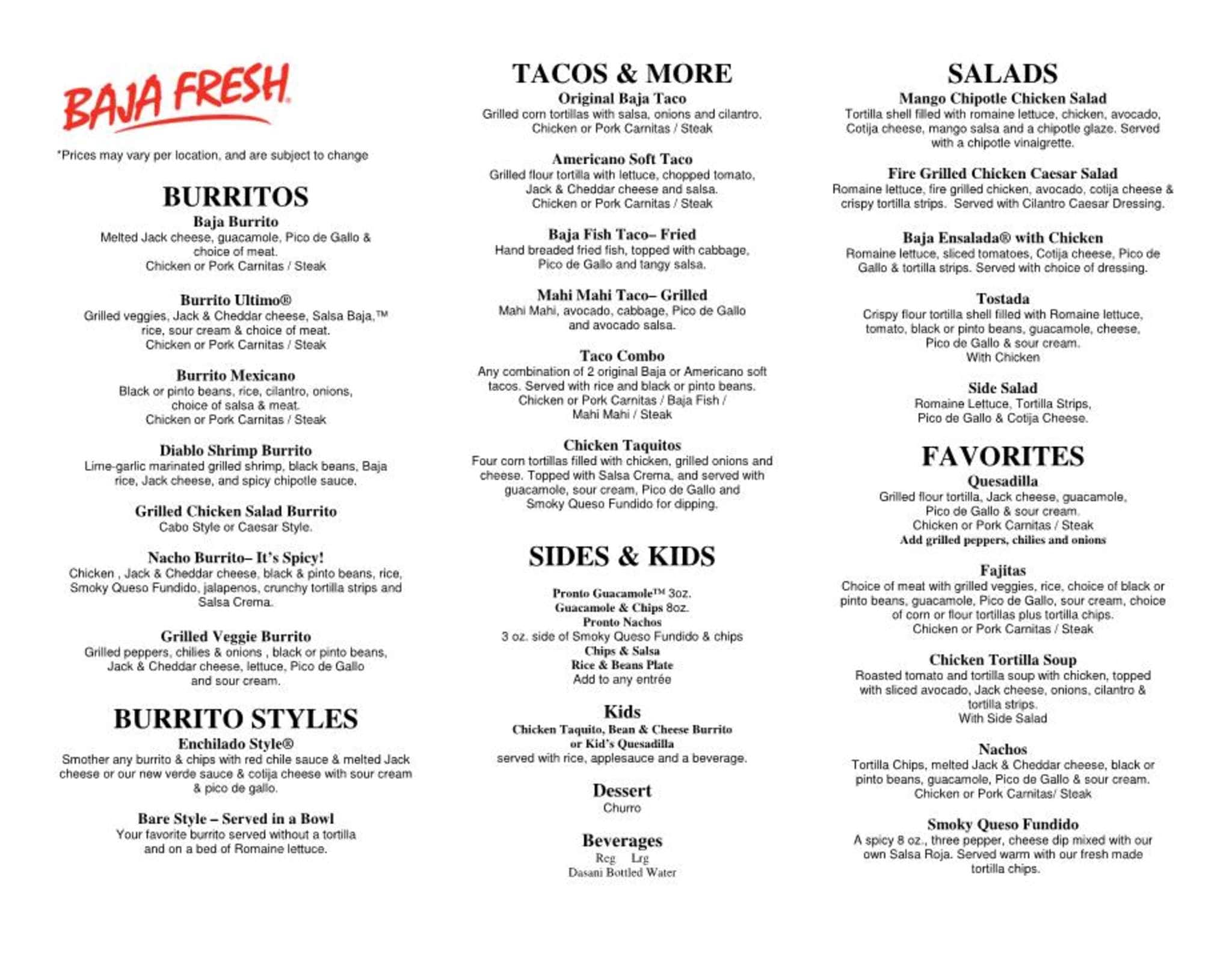 baja fresh nutirtion menu