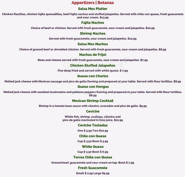 Salsa Tex Mex Menu, Menu for Salsa Tex Mex, West Plano, Plano