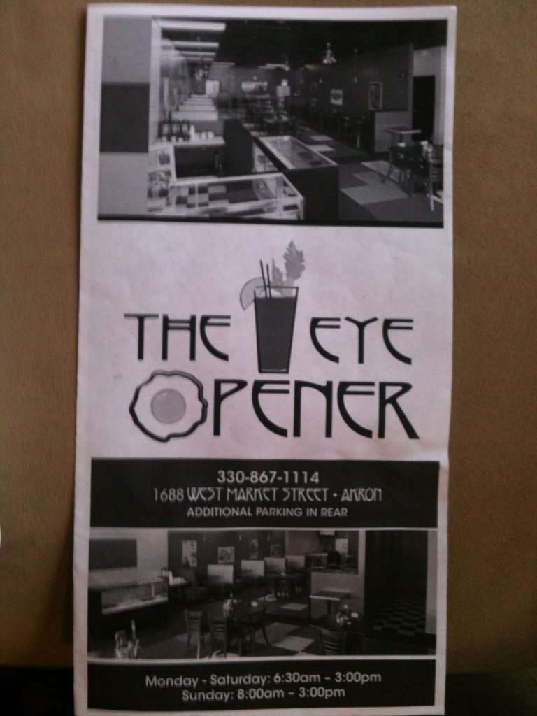 Menu at Eye Opener restaurant, Akron