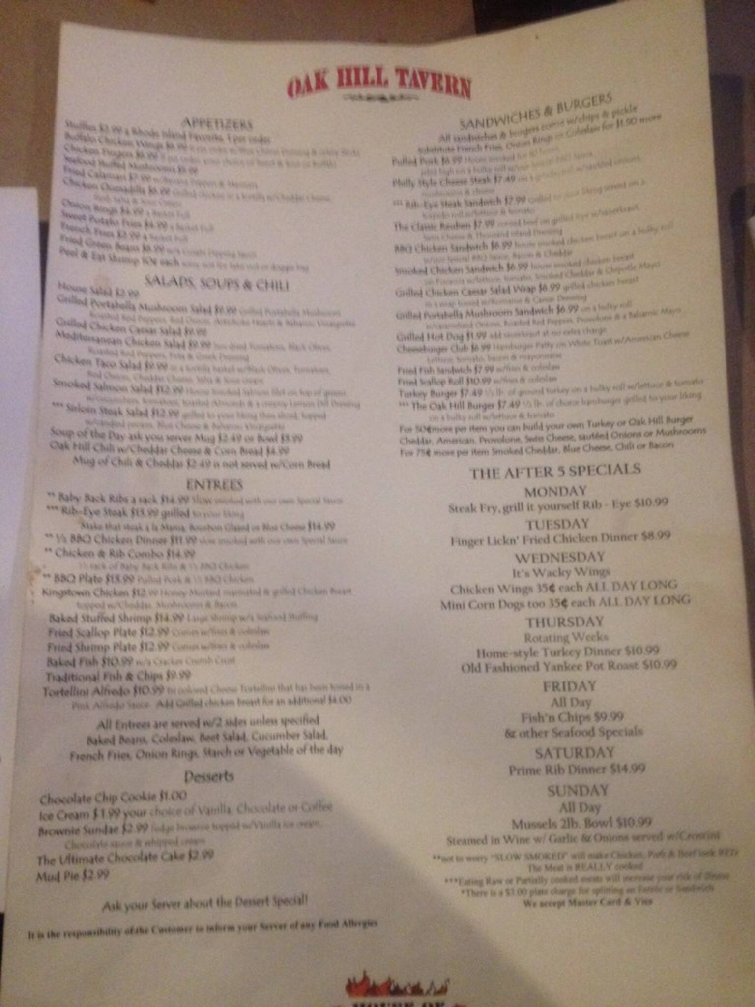 Oak Hill Tavern & BBQ Menu Urbanspoon/Zomato
