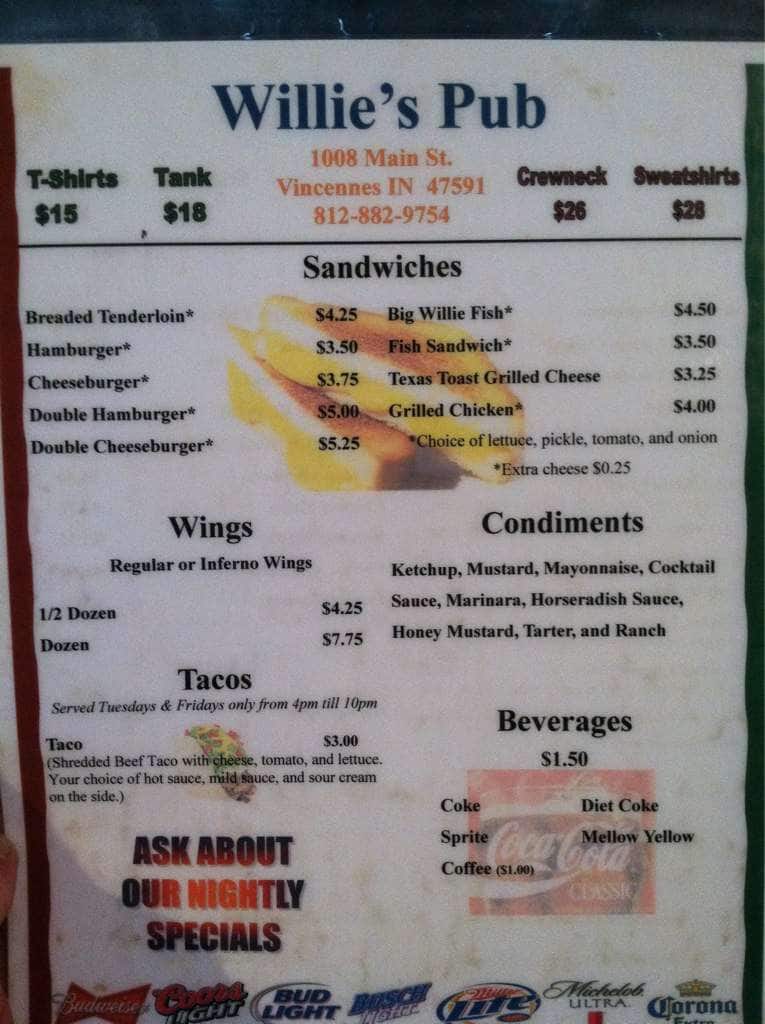 Willie's Pub Menu, Menu for Willie's Pub, Vincennes, Vincennes