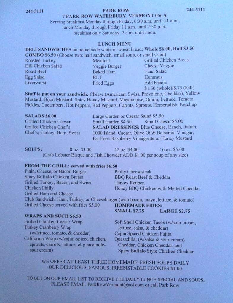 Park Row Cafe Menu, Menu for Park Row Cafe, Waterbury/Moretown