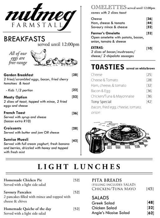 Nutmeg Farmstall Menu, Menu for Nutmeg Farmstall, Hout Bay, Cape Town