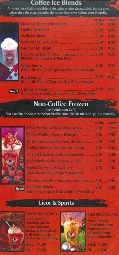California Coffee cardápio