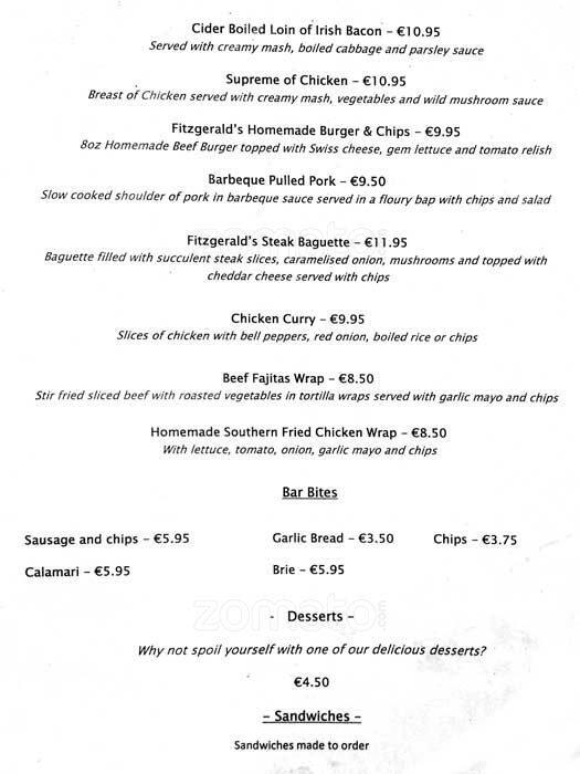 Fitzgerald's restaurant menu