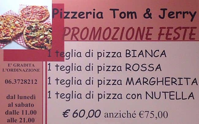 Menu at Pizzeria Tom & Jerry, Rome