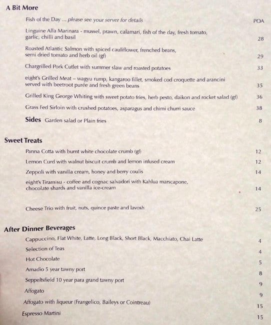 Menu at Eight restaurant, Glenelg