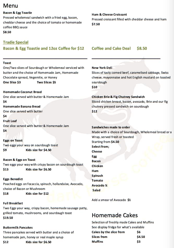 Dark Horse Coffee Menu, Menu for Dark Horse Coffee, Springfield