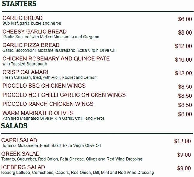 Piccolo Pizza menu, Menu restauracji Piccolo Pizza, Kangaroo Point, Brisbane Urbanspoon/Zomato