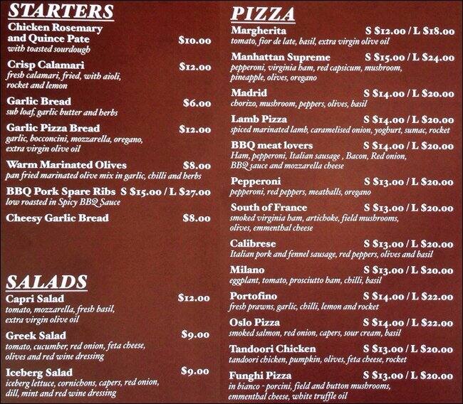 Piccolo Pizza menu, Menu restauracji Piccolo Pizza, Kangaroo Point