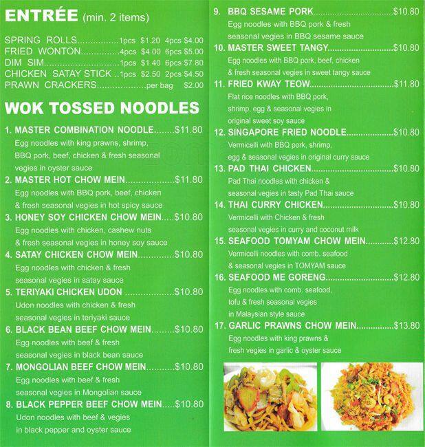 Master Noodle Menu, Menu for Master Noodle, Chermside, Brisbane