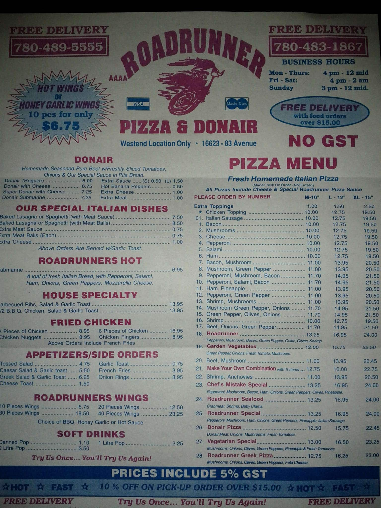 Roadrunner pizza edmonton menu