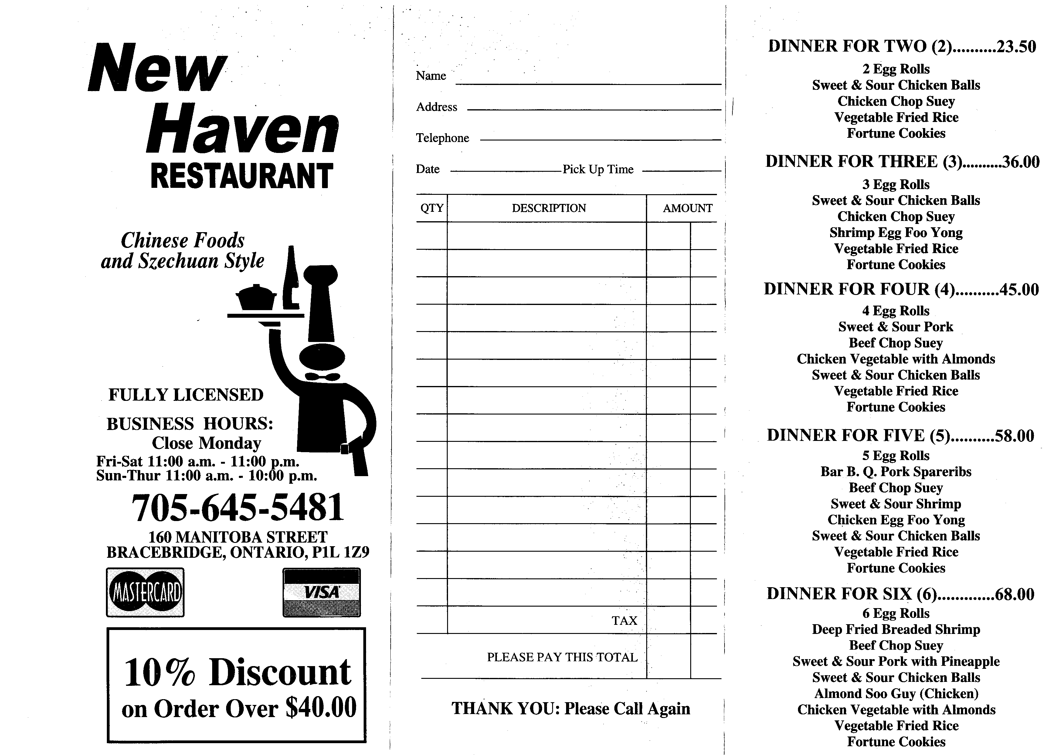 Menu at New Haven Restaurant, Bracebridge