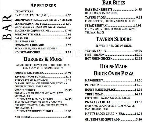Menu at Tavern On Rush restaurant, Chicago, N Rush St