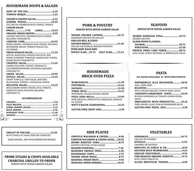 Menu at Tavern On Rush restaurant, Chicago, N Rush St