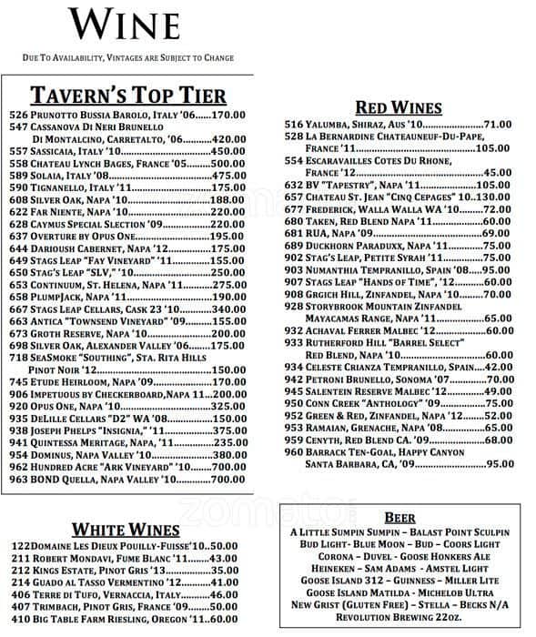 Menu at Tavern On Rush restaurant, Chicago, N Rush St