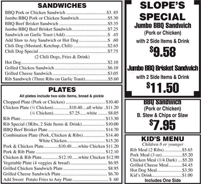 Slope's BBQ Menu, Menu for Slope's BBQ, Sandy Springs, Atlanta