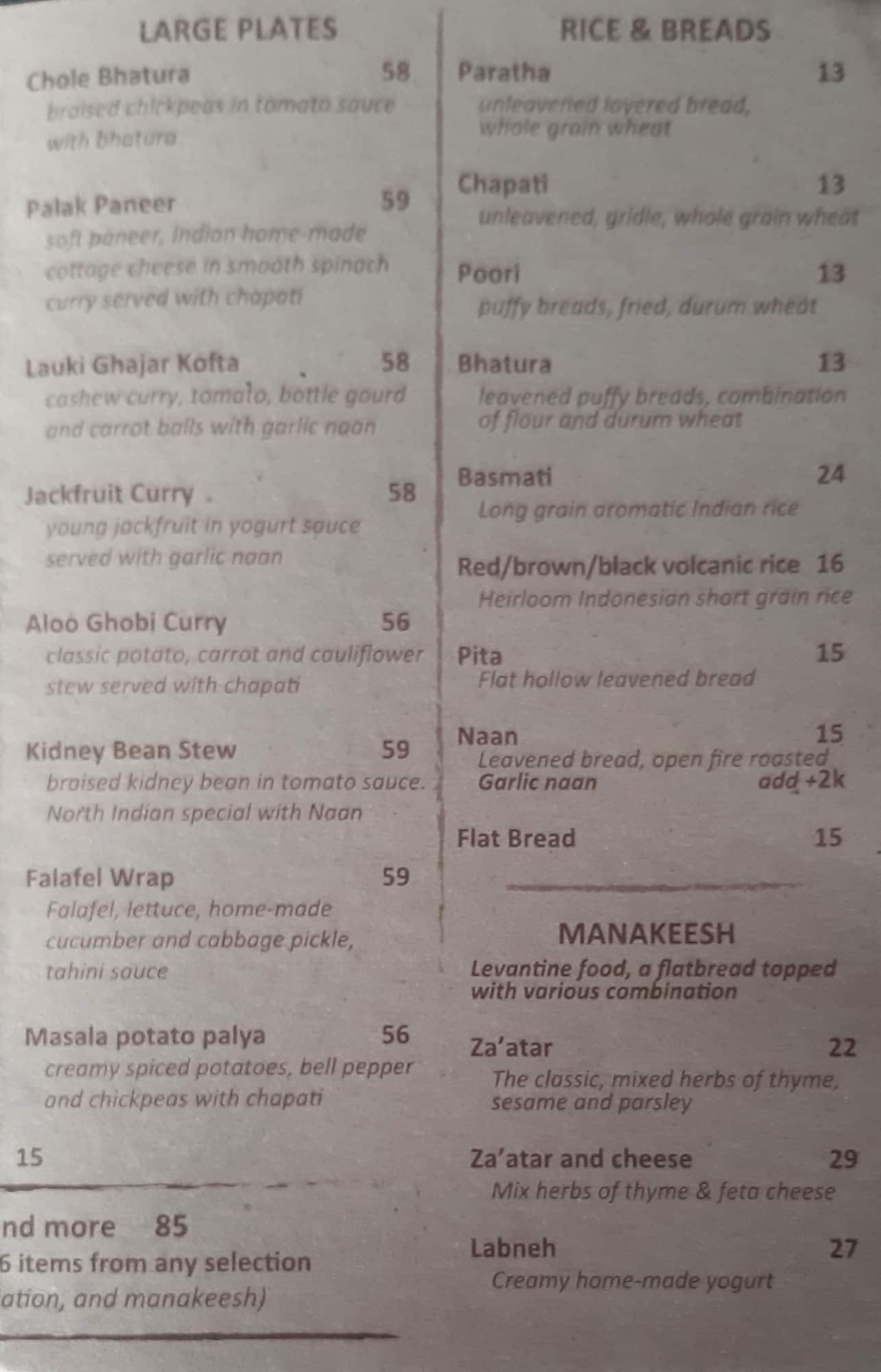 Vedic Kitchen Menu