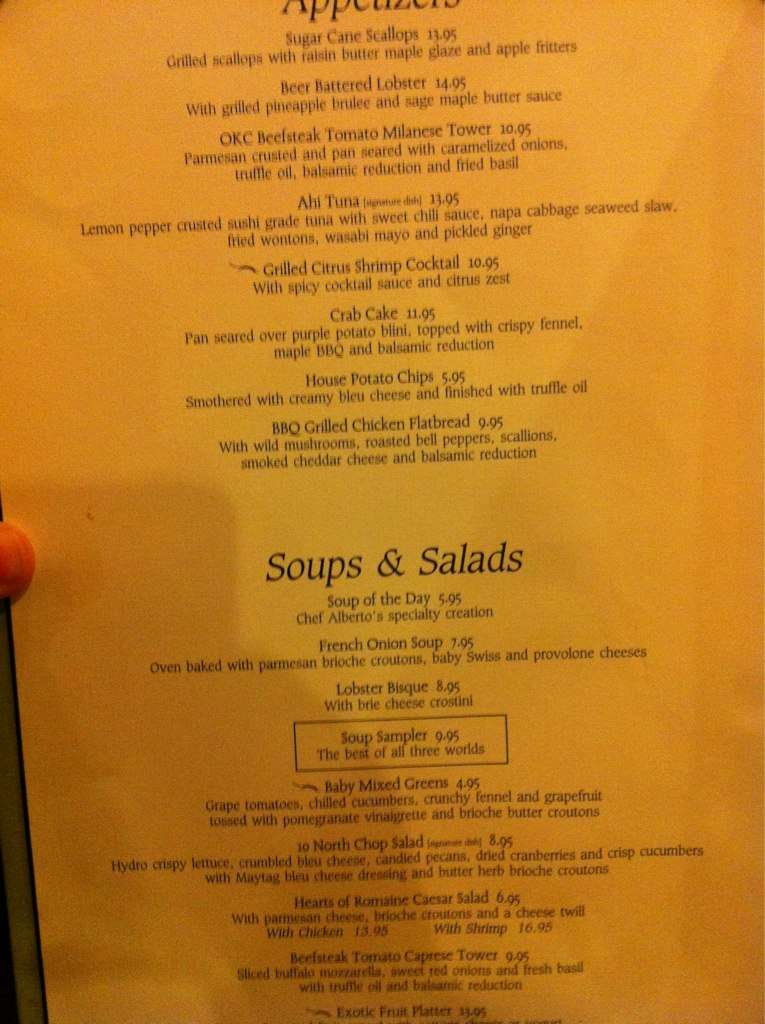 Menu at 10 North Grille restaurant, Oklahoma City, 10 N Broadway