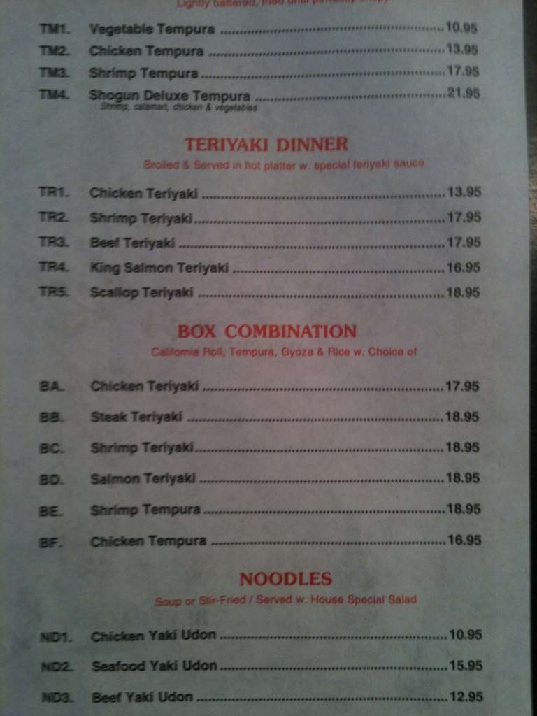 Menu at Shogun Restaurant, Oakland