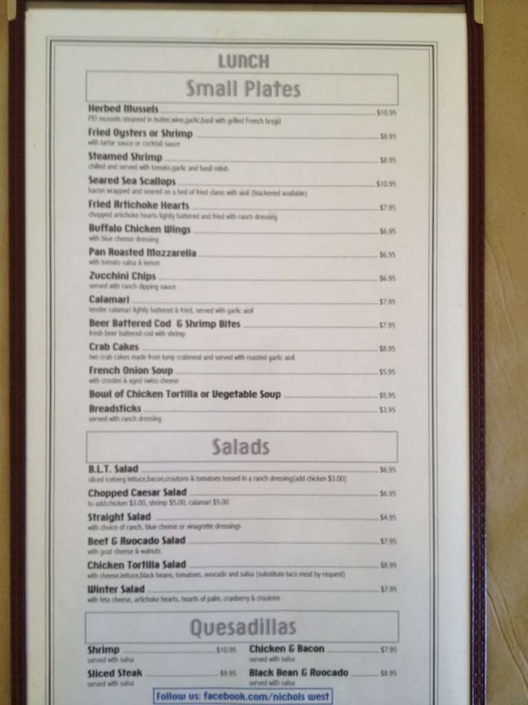Menu at Nichols West restaurant, Congress