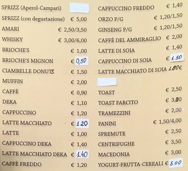 Menu di Bar Ammiragli 