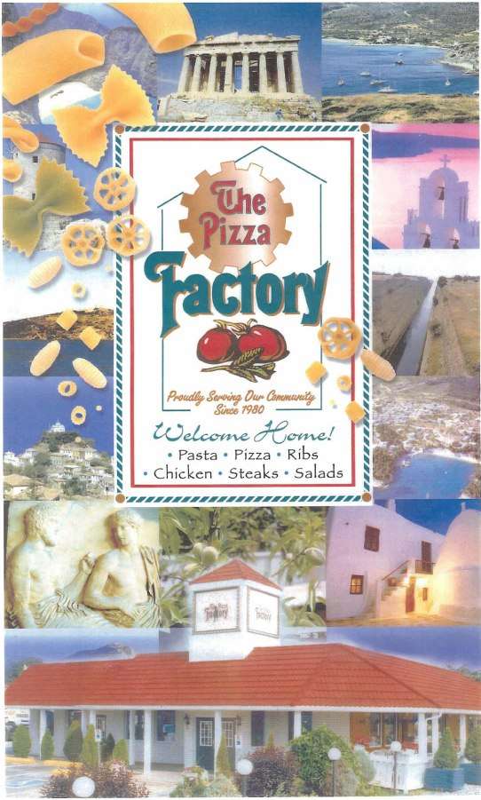 The Pizza Factory Menu, Menu podniku The Pizza Factory, Peterborough