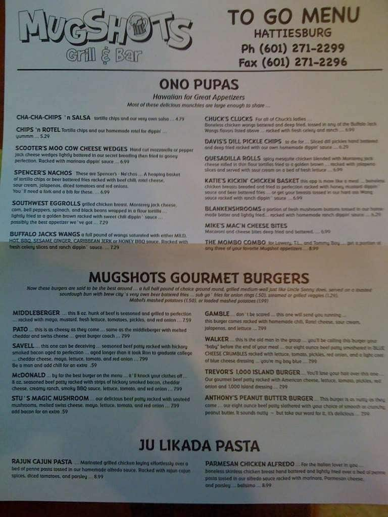 Menu at Mugshots Grill and Bar Hattiesburg, MS, Hattiesburg