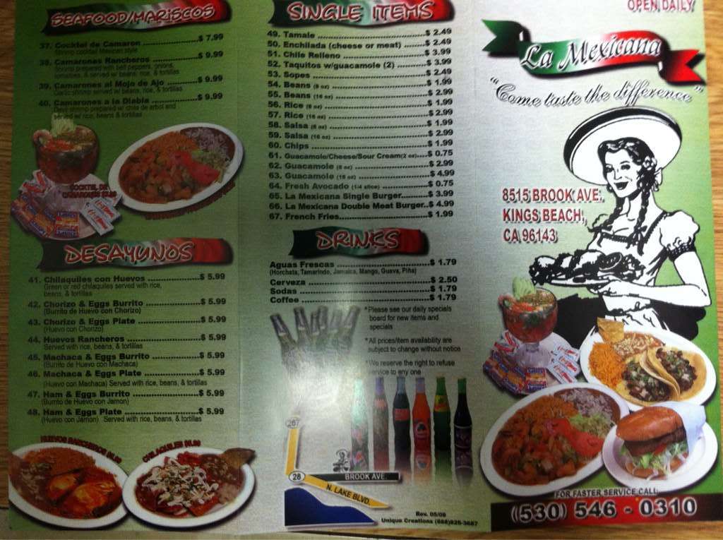 Menu at La Mexicana Meat Market & Taqueria fast food, Kings Beach