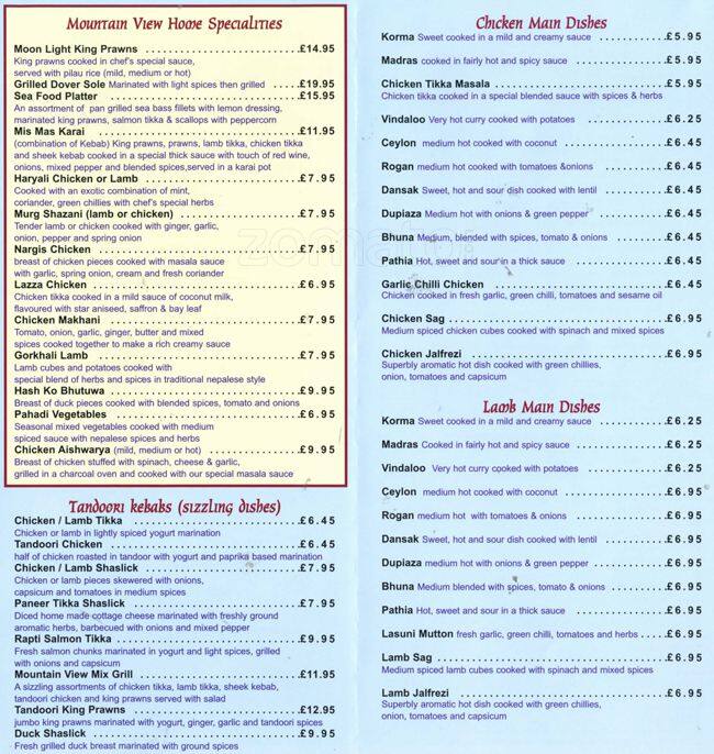 Menu at Mountain View restaurant, Chislehurst, 46 High St