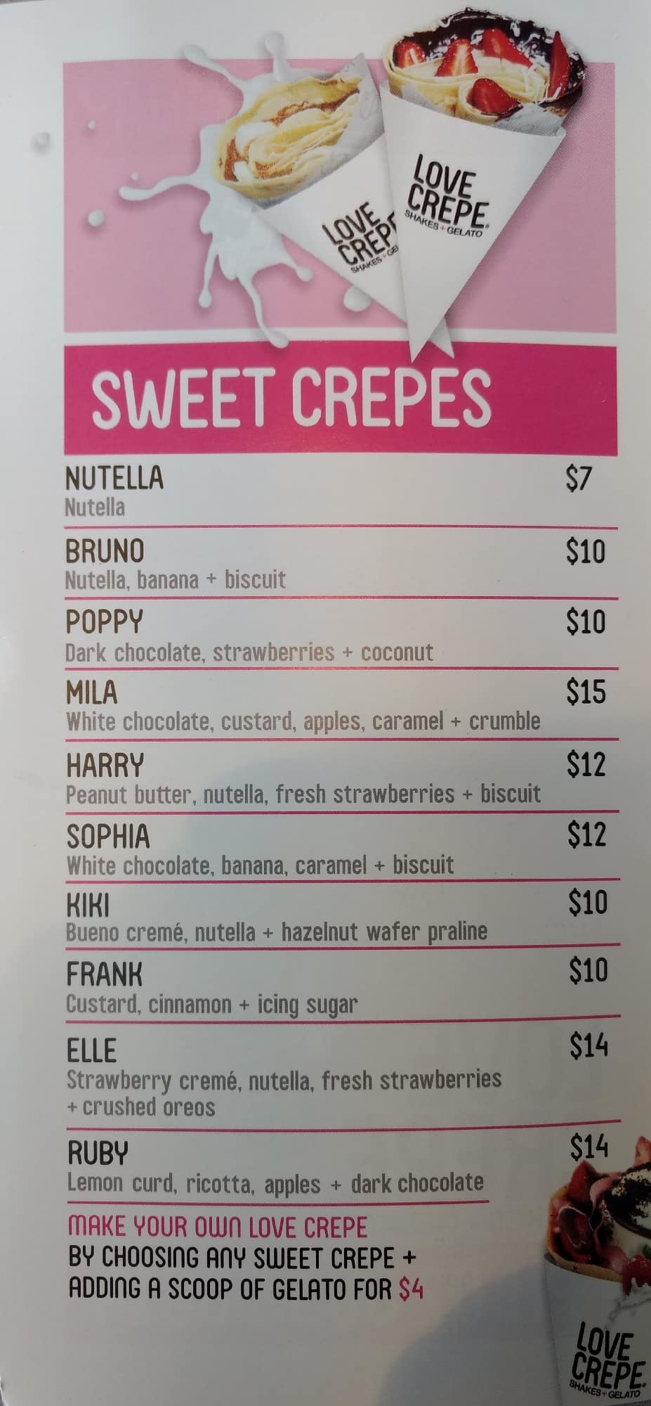 Menu at Love Crepe Drummoyne cafe, Drummoyne