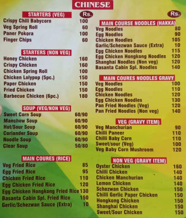 Basanta Cabin menu