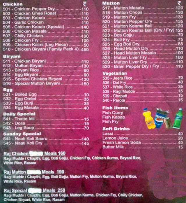 The Raj Menu Menu at Raj Family Restaurant, Bengaluru, 113/2