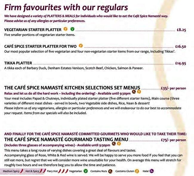 Cafe Spice Namaste Menu, Menu for Cafe Spice Namaste, Aldgate, London