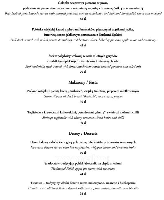 Menu at Złota Kaczka restaurant, Warsaw