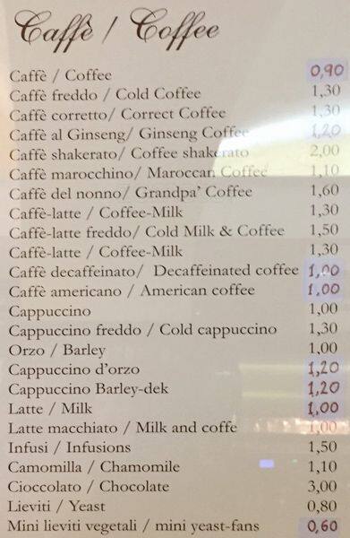 Menu di Caffetteria Mori 