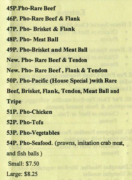 Menu at Pho Pacific restaurant, Tacoma, Pacific Ave S