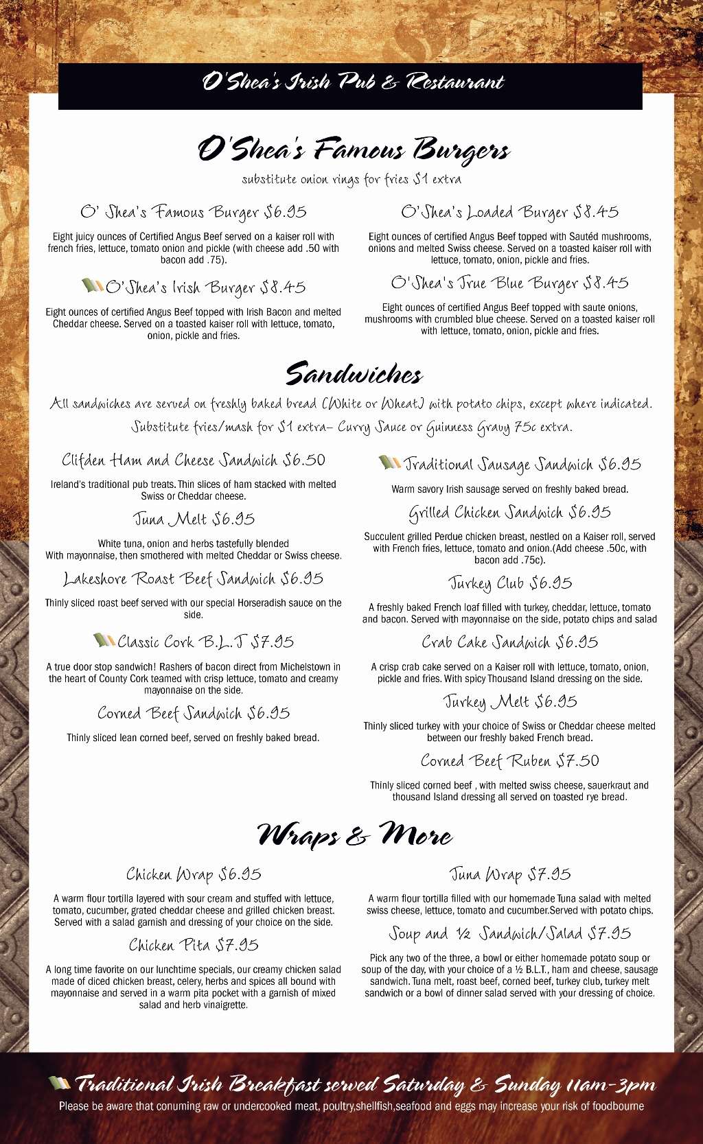 O Shea S Irish Pub Menu Menu For O Shea S Irish Pub West Palm