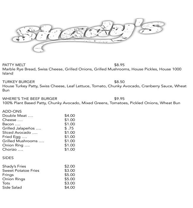 Menu at Shady's, Richardson