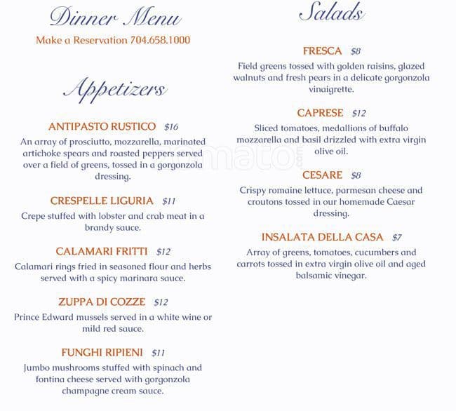 Carusos Menu, Menu untuk Carusos, Mooresville, Charlotte Urbanspoon