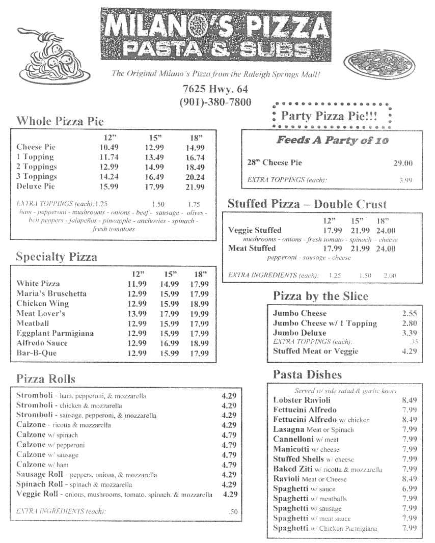 Milano's Pizza Menu, Menu for Milano's Pizza, Bartlett, Memphis